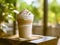 Fresh Frappuccino with cream served on the wooden table at cafe